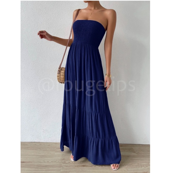 Rouge! Dresses & Skirts - Strapless Maxi Dress Long Navy Blue Shirred Top Flared